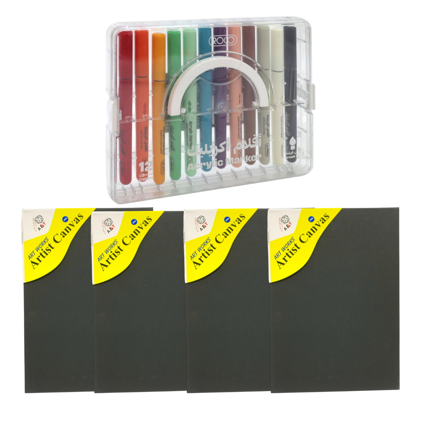 Black Canvas Offer with Rocco Acrylic Markers Set || باكيج الوان اكريليك روكو راس فرشة مع لوحات رسم كانفاس اسود
