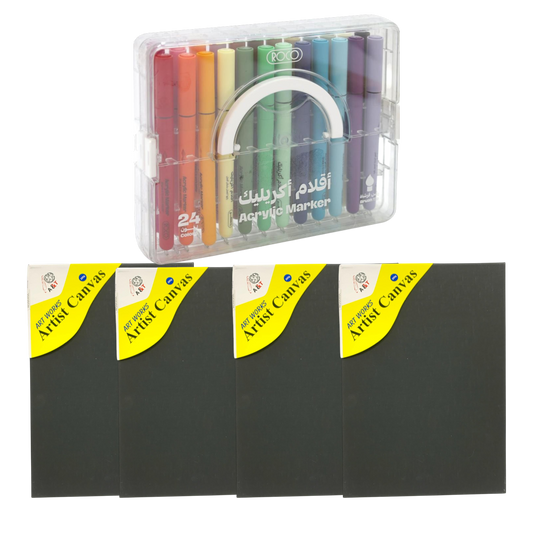 Black Canvas Offer with Rocco Acrylic Markers Set 24 || باكيج الوان اكريليك روكو راس فرشة  24 لون مع لوحات رسم كانفاس اسود