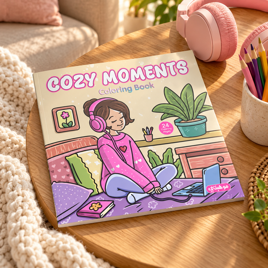 Cozy Moments coloring book — lifestyle scene with headphones and pencils