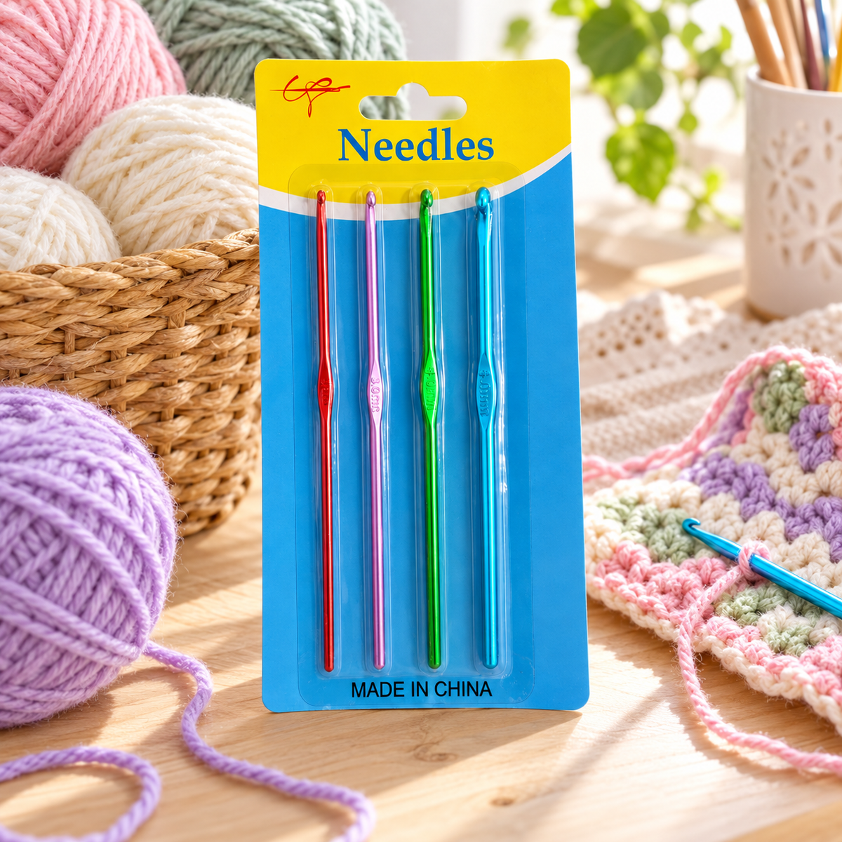 4-Piece colorful crochet hook set for knitting and crochet crafts || طقم إبر كروشيه ملونة 4 قطع للأشغال اليدوية