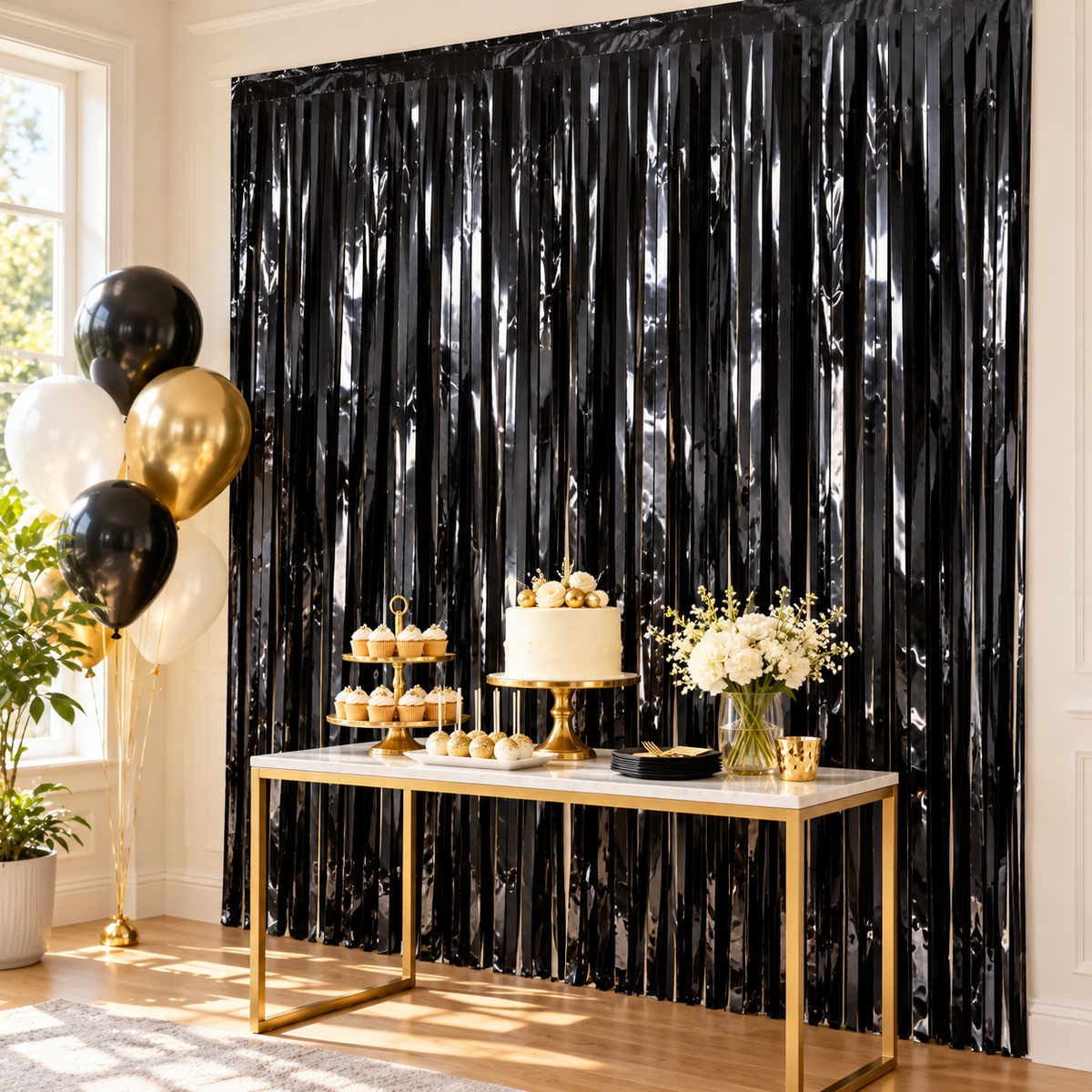 Black Foil Fringe Curtain || ستارة حفلات بشرائط لامعة سوداء