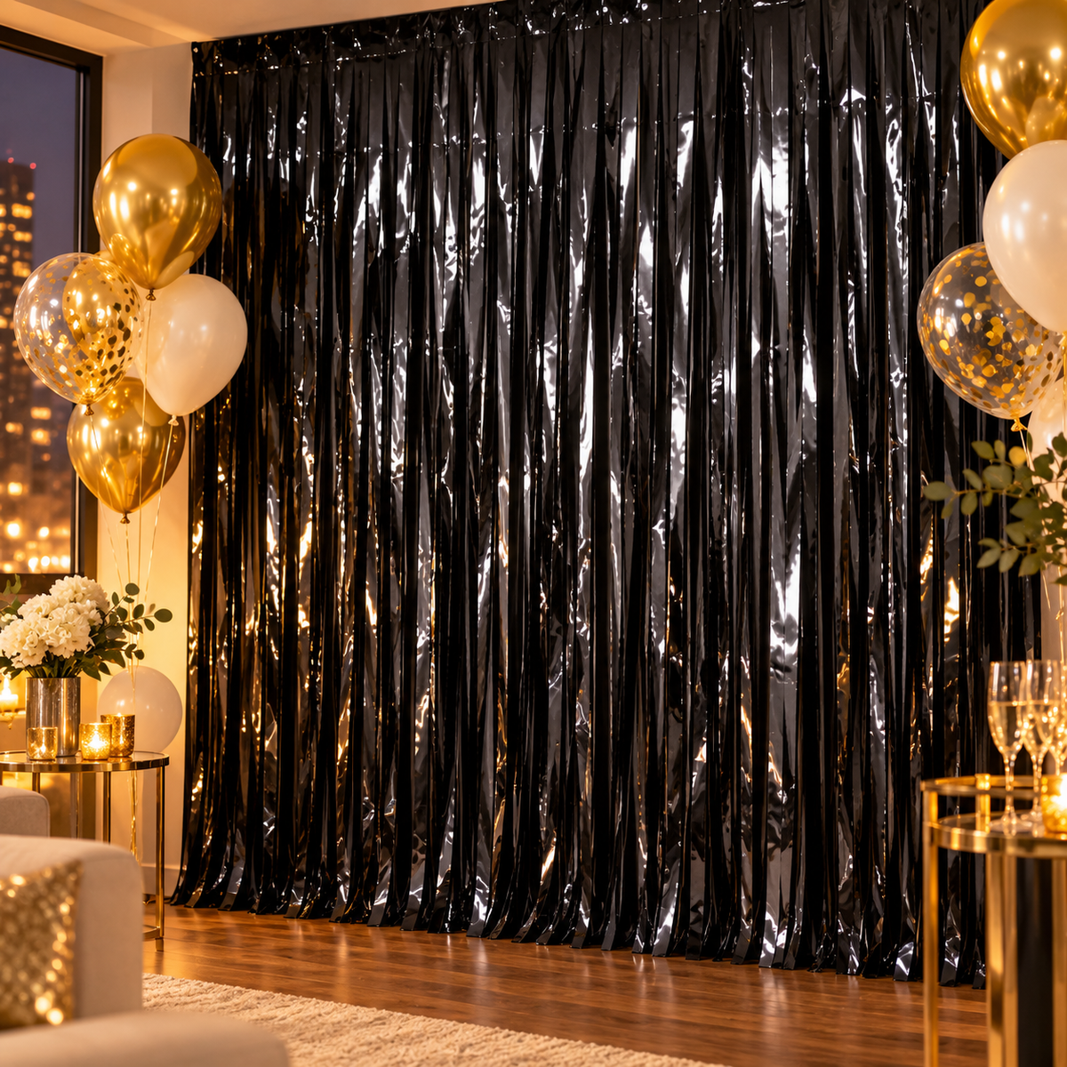 Black Foil Fringe Curtain || ستارة حفلات بشرائط لامعة سوداء