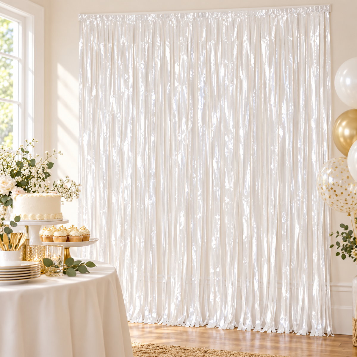 White Foil Fringe Curtain || ستارة حفلات بشرائط لامعة بيضاء