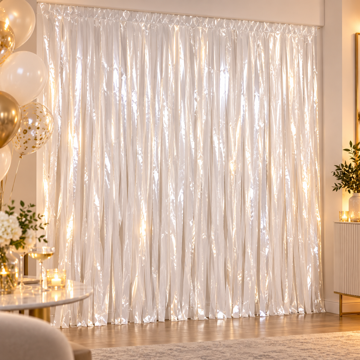 White Foil Fringe Curtain || ستارة حفلات بشرائط لامعة بيضاء