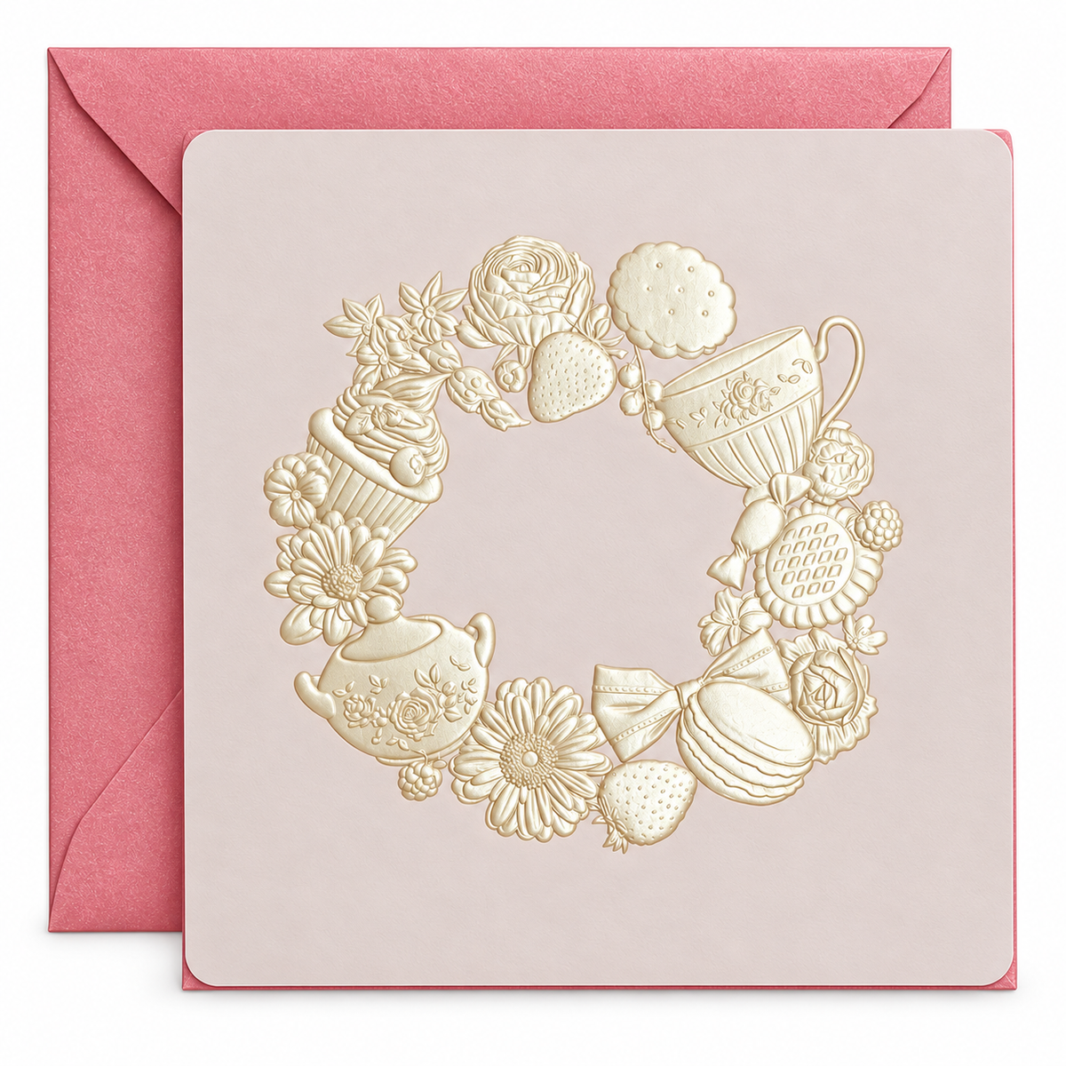 Embossed Tea Time Wreath Greeting Card || بطاقة تهنئة بارزة بتصميم الشاي والحلويات