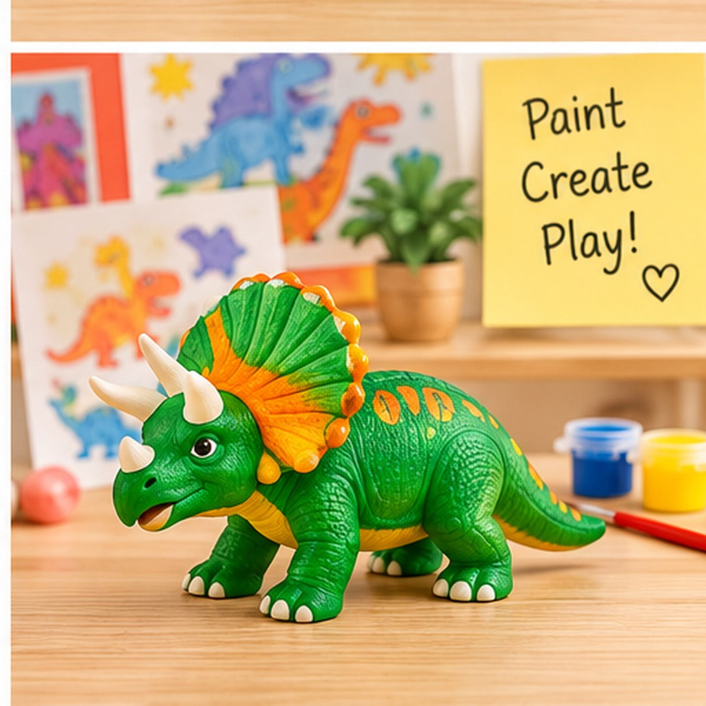 Graffiti Triceratops Painting Kit - illustrative completed painted model in home craft area || طقم جرافيتي ترايسيراتوبس - مثال مجسم بعد التلوين