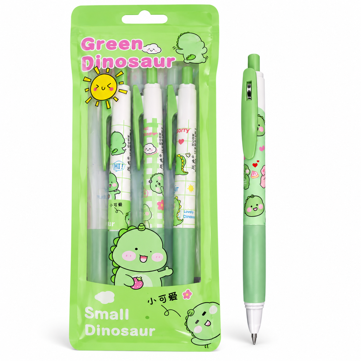 Green Dinosaur Retractable Gel Pen Set - 4 Pens