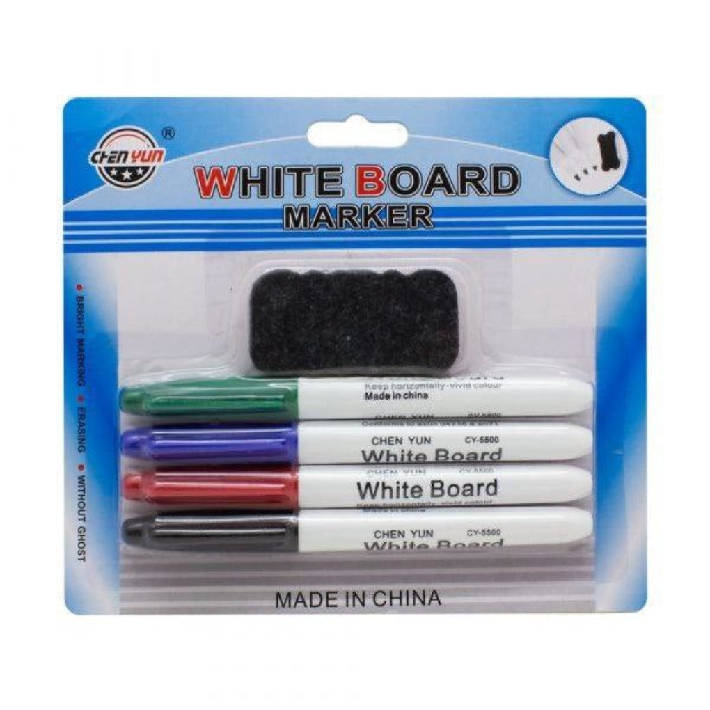 White Board Marker Set 4 Colors w/ Erasor || اقلام وايت بورد ماركر ٤ لون مع مساحه