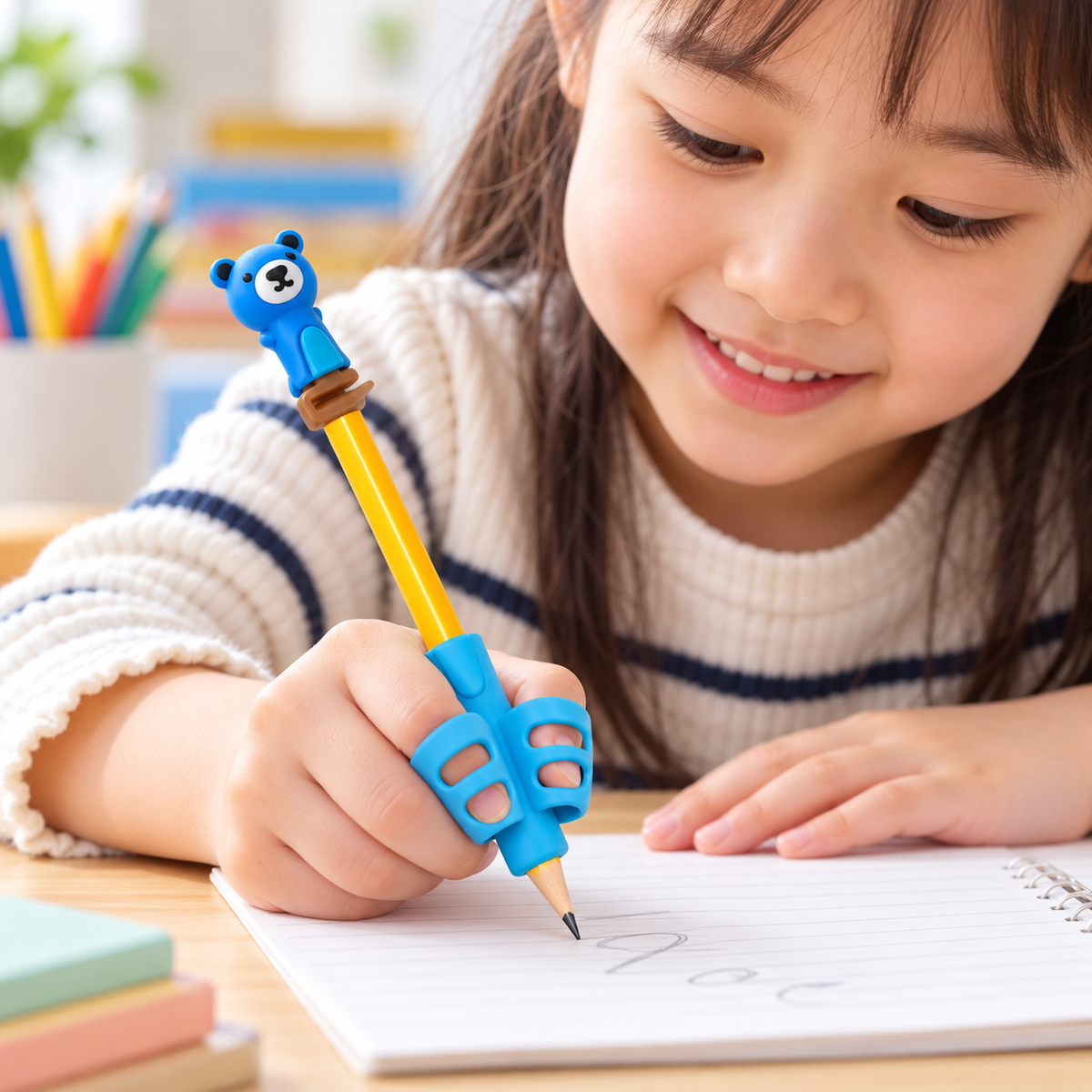 Child using Kids Pencil Handle Assistant with animal pencil topper