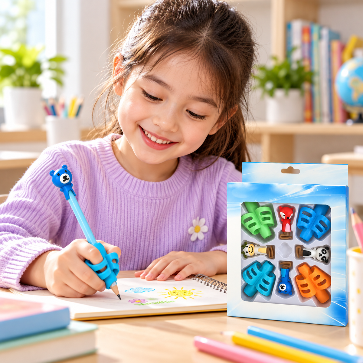 Child using ergonomic pencil grip from Kids Pencil Handle Assistant set