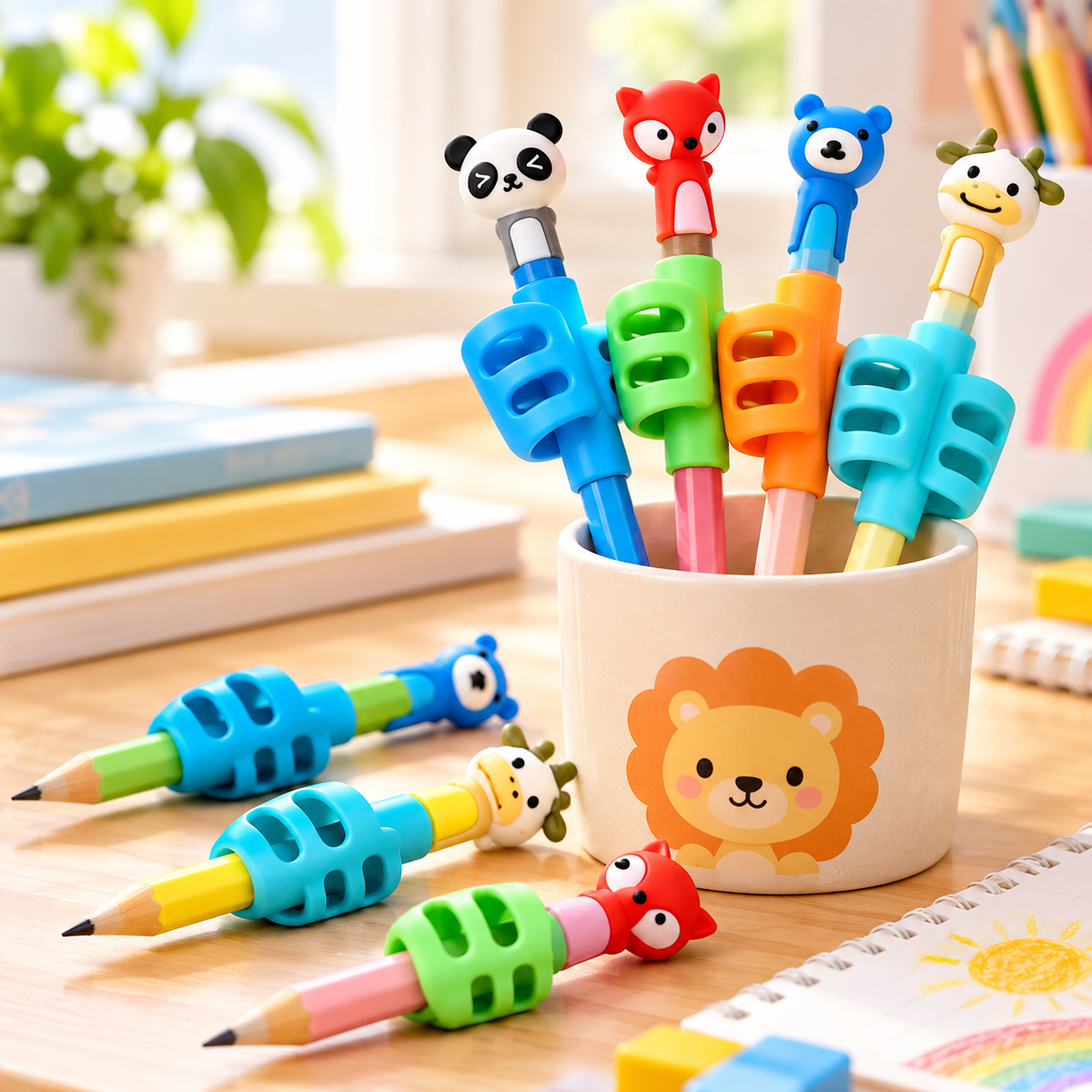 Animal pencil toppers and colorful ergonomic pencil grips for kids