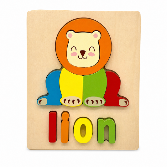 Wooden lion spelling puzzle on a clean white background