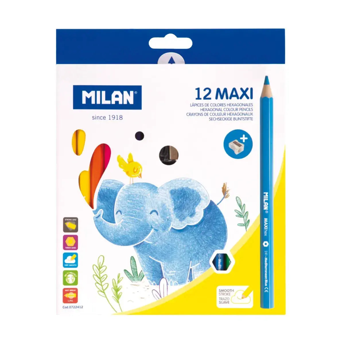 Milan Maxi 12 Hexagonal Coloured Pencils + Sharpener Ref 0722412 EAN 8411574017943