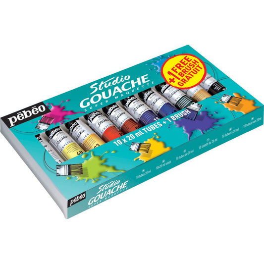 Pebeo Studio Gouache 10 x 20 ml plus brush 230199 UPC 3167862301991