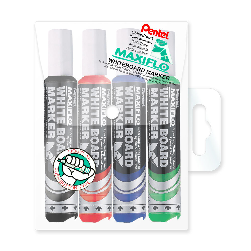 Pentel Maxiflo MWL6-4 Whiteboard Marker 4 Color Wallet