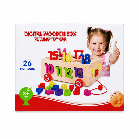 Digital Wooden Box Pulling Toy Car 26 Numbers || بازل خشب بعجلات متحركة ارقام انجليزي ٢٦ قطعة
