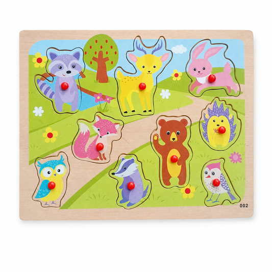 Wooden Woodland Animals Peg Puzzle 9 Pieces on a clean white background