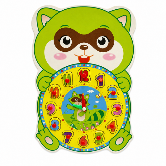 Wooden Raccoon Clock Puzzle 12 Pieces on a clean white background