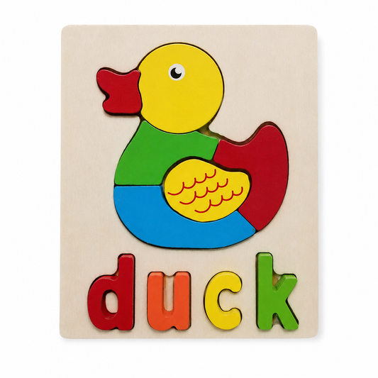 Wooden duck spelling puzzle clean ecommerce image