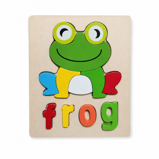 Wooden frog spelling puzzle clean ecommerce image