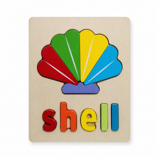 Wooden shell spelling puzzle clean ecommerce image