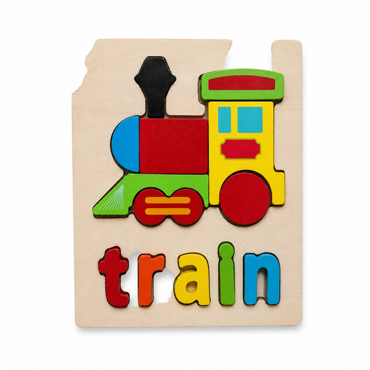 Wooden train spelling puzzle clean ecommerce image