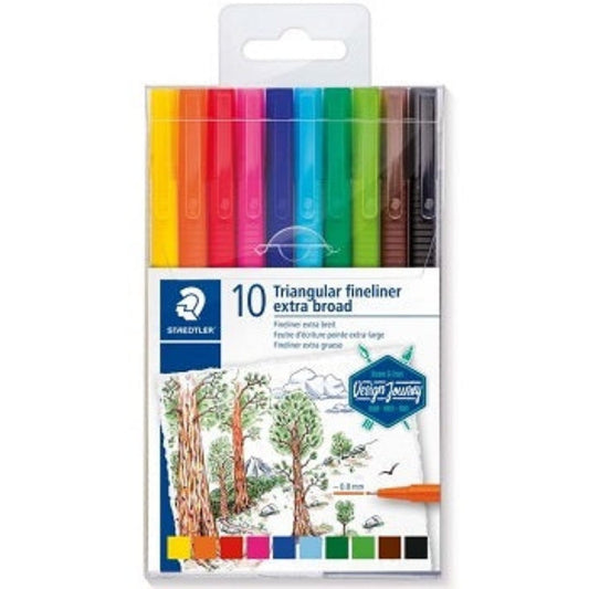 Staedtler Fineliner Extra Broad 0.8mm Set of 10 || اقلام ستدلر فسفورى مثلثة 10 لون راس ضعيف