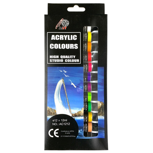 A&T Acrylic Paint 12 Colors 12 ml  || الوان اكريليك انابيب 12 لون 12 مل