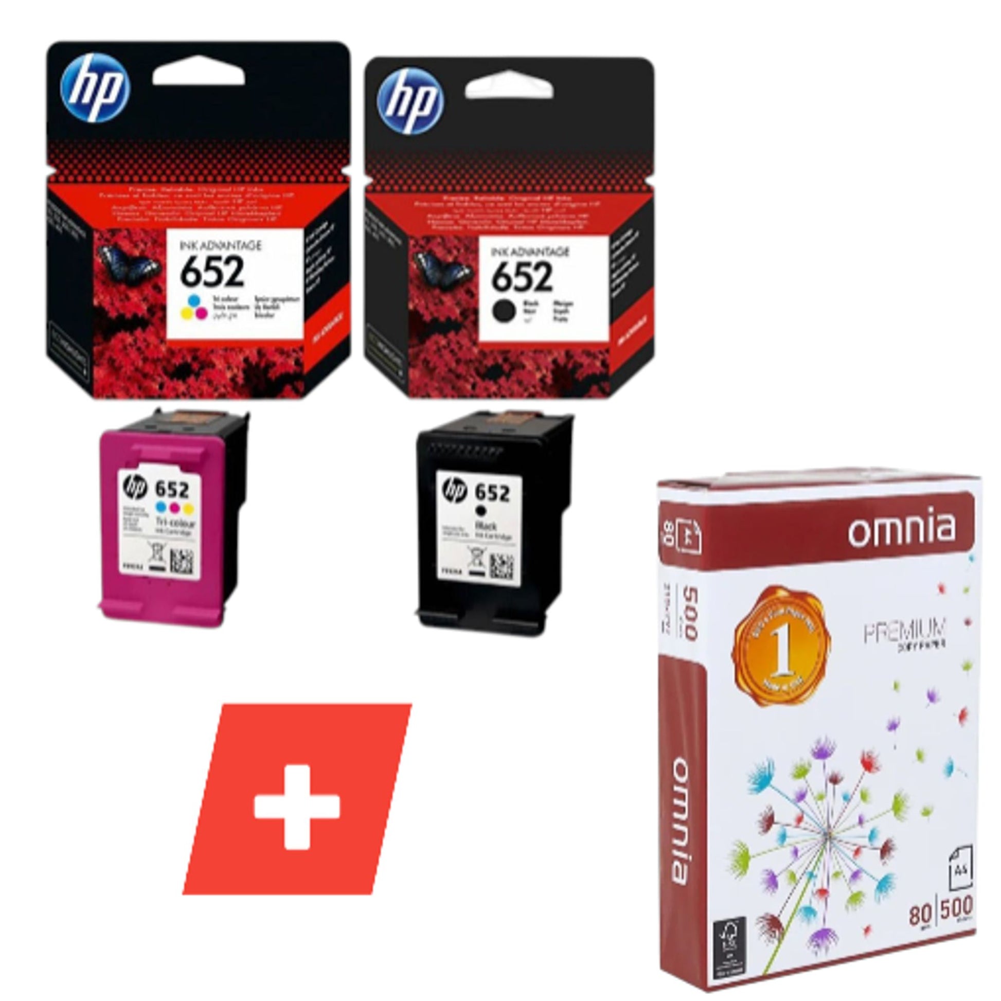 Hp printer ink set 652 black + color + A4 Paper || حبر طابعة ٦٥٢ اسود و ملون و ورق تصوير
