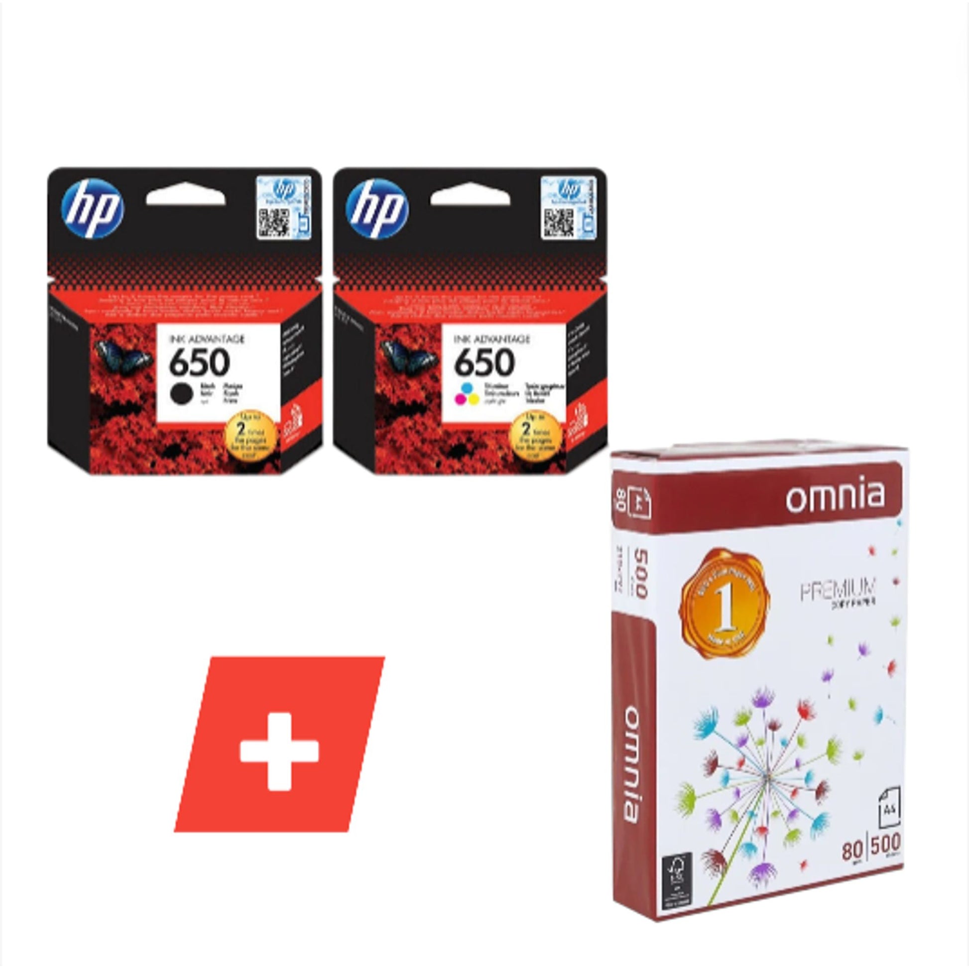 Hp Printer Ink Set 650 + A4 Paper || طقم حبر طابعه ٦٥٠ اسود و ملون مع ورق تصوير اي فور