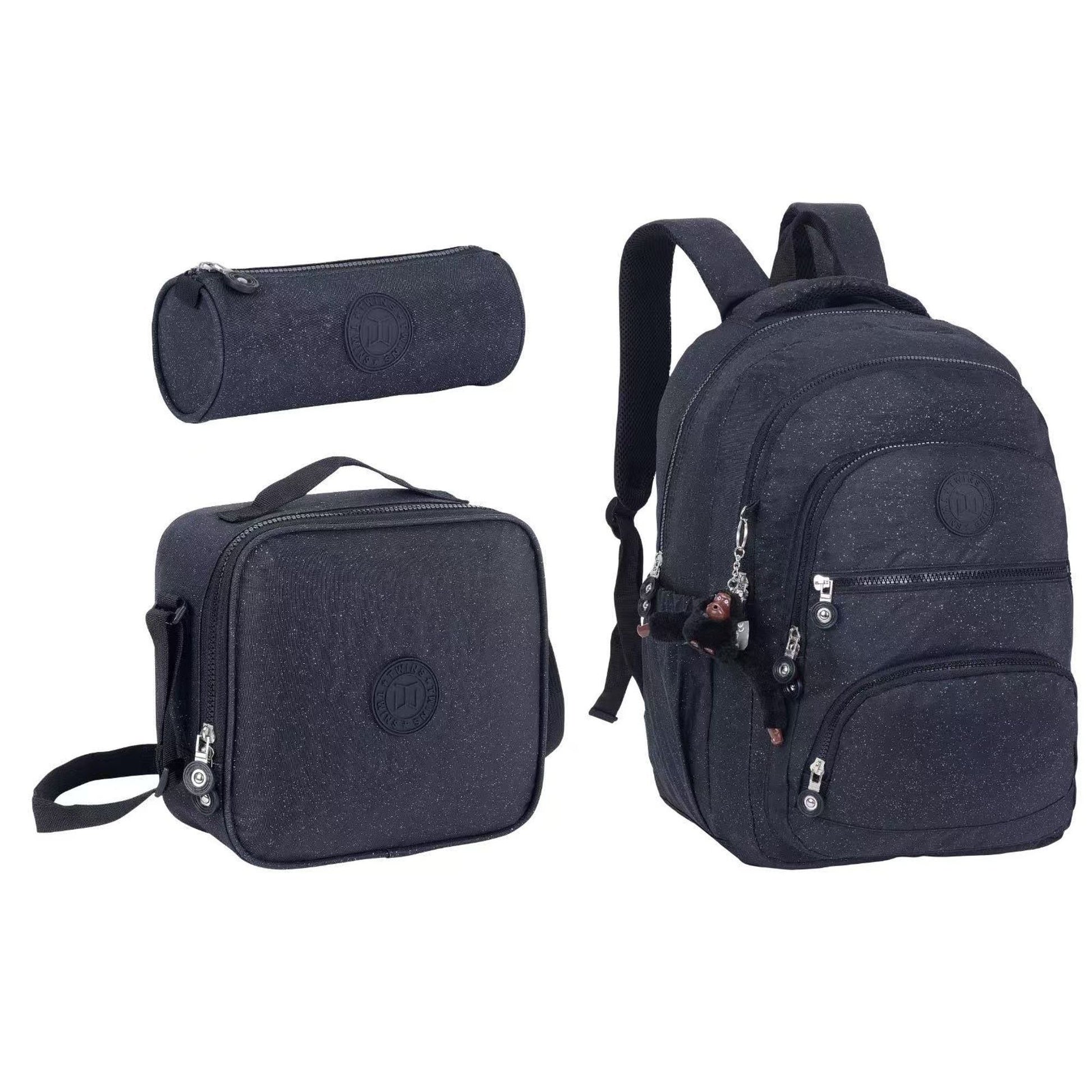 Twins Back To School Glitter Set 3 Pcs 18" Backpack + Lunch bag + Pencil Pouch Black || مجموعة العودة للمدرسةزري 3 قطع جنطة ظهر 18 انش و جنطة اكل و مقلمة أسود
