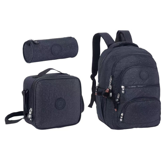 Twins Back To School Glitter Set 3 Pcs 18" Backpack + Lunch bag + Pencil Pouch Black || مجموعة العودة للمدرسةزري 3 قطع جنطة ظهر 18 انش و جنطة اكل و مقلمة أسود