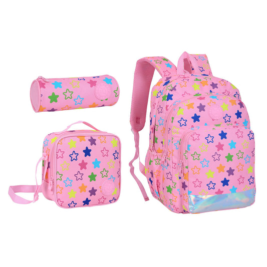 18INCH BACKPACK+LUNCH BAG+PENCIL CASE STARS PINK TWINS || شنطة ظهر طبي 18 انش نجوم 3 قطع TWINS