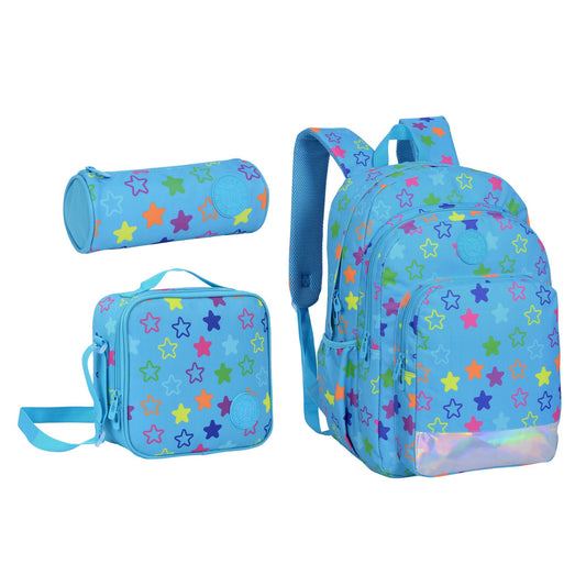 18INCH BACKPACK+LUNCH BAG+PENCIL CASE STARS LIGHT BLUE TWINS || شنطة ظهر طبي 18 انش نجوم 3 قطع TWINS