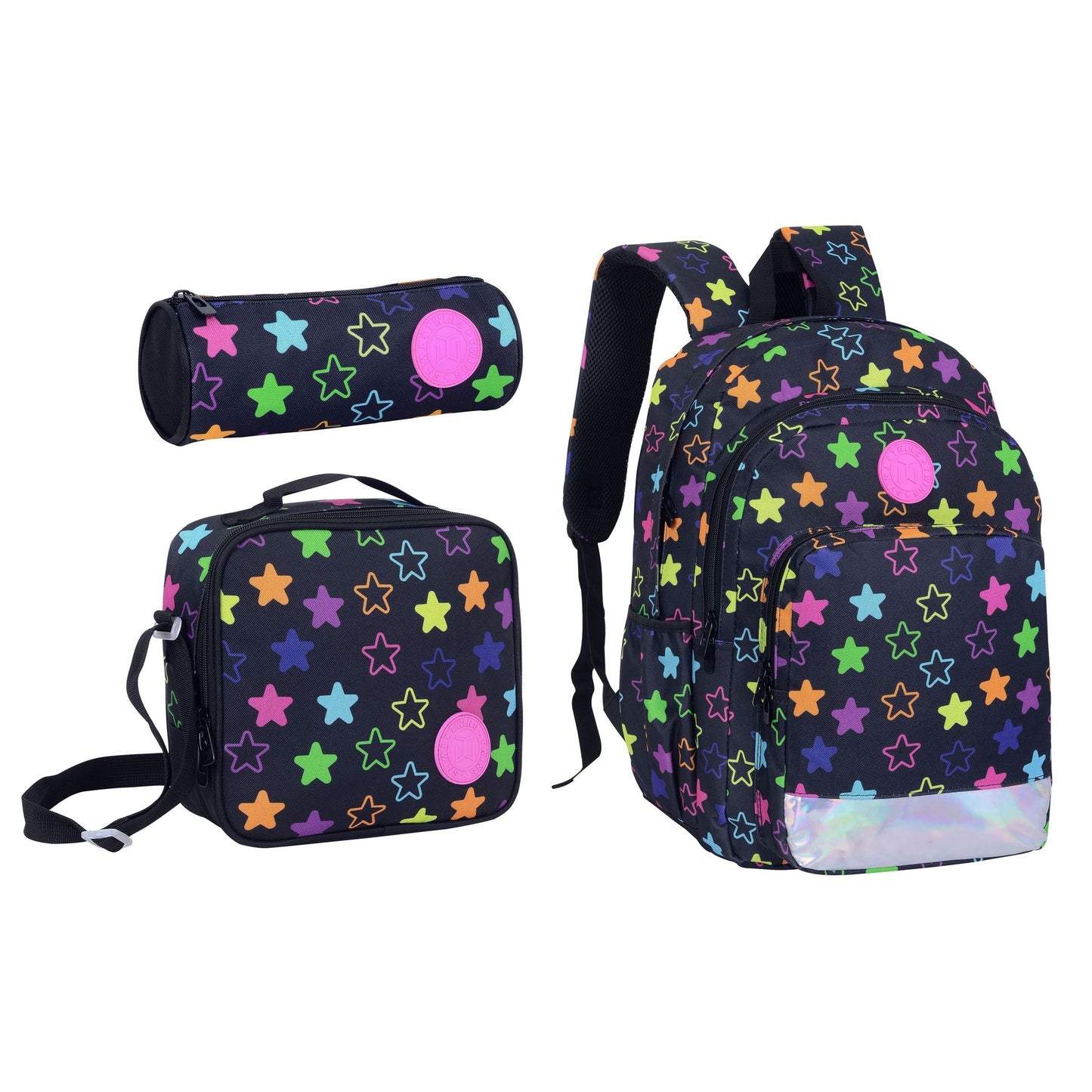 18INCH BACKPACK+LUNCH BAG+PENCIL CASE STARS BLACK TWINS || شنطة ظهر طبي 18 انش نجوم 3 قطع TWINS
