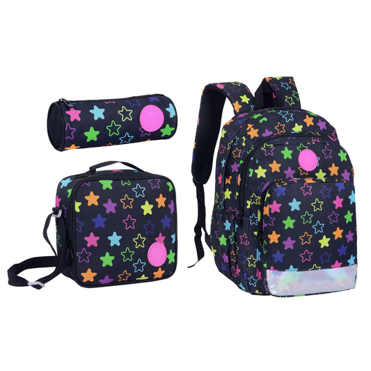 18INCH BACKPACK+LUNCH BAG+PENCIL CASE STARS BLACK TWINS || شنطة ظهر طبي 18 انش نجوم 3 قطع TWINS