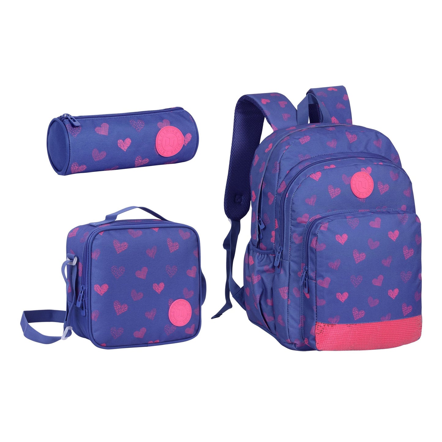 18INCH BACKPACK+LUNCH BAG+PENCIL CASE HEARTS BLUE TWINS || شنطة ظهر طبي 18 انش قلوب 3 قطع TWINS