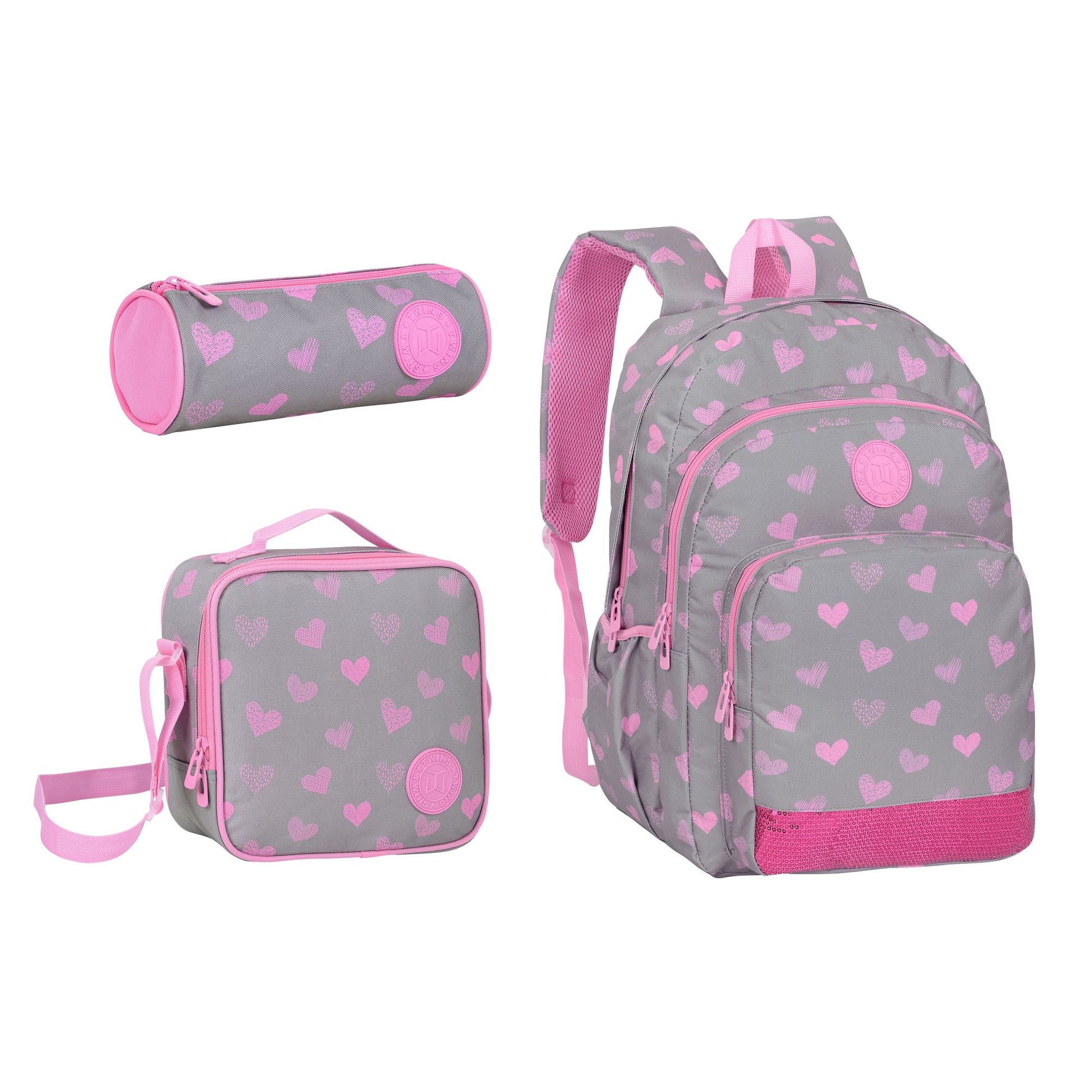 18INCH BACKPACK+LUNCH BAG+PENCIL CASE HEARTS GRAY TWINS || شنطة ظهر طبي 18 انش قلوب 3 قطع TWINS