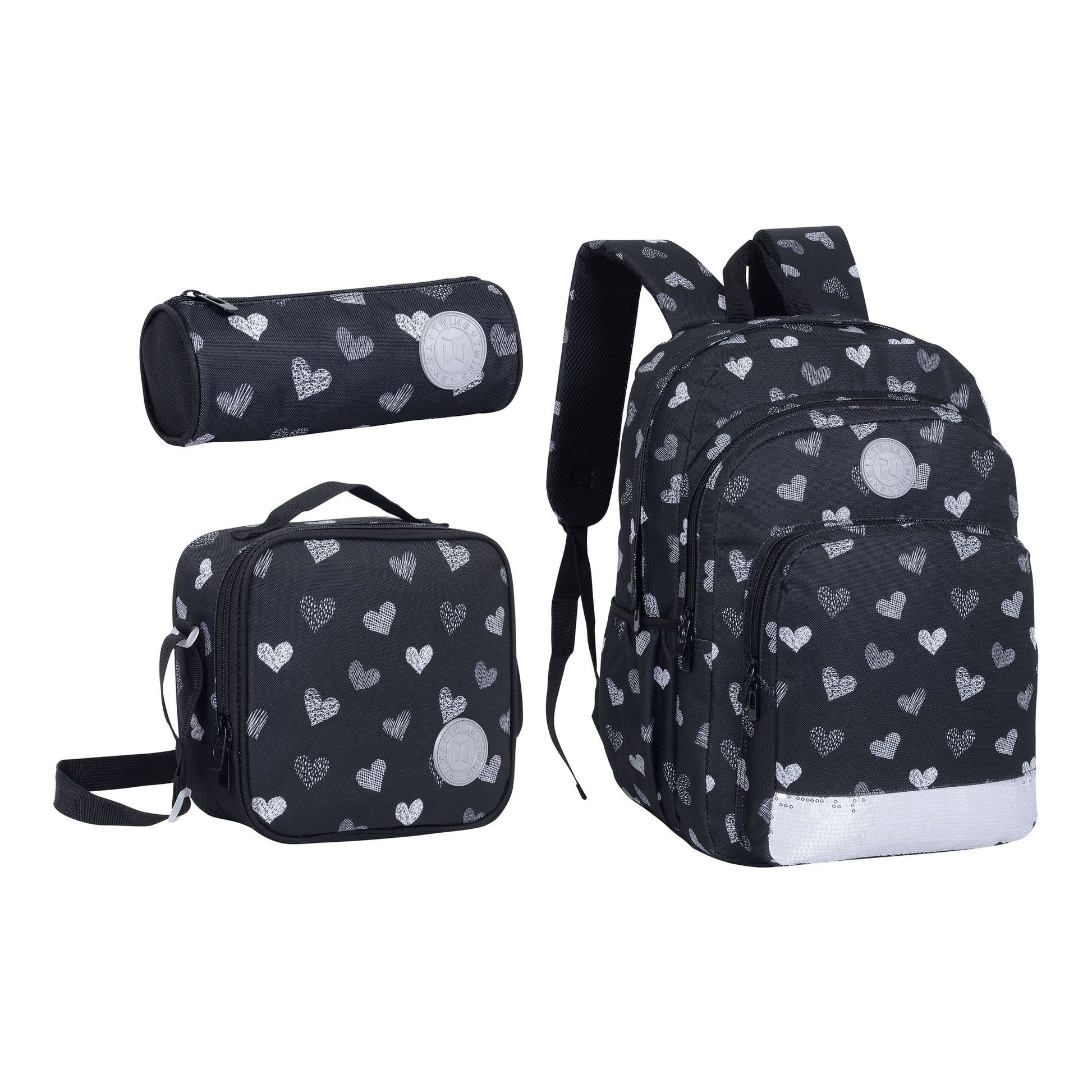 18INCH BACKPACK+LUNCH BAG+PENCIL CASE HEARTS BLACK TWINS || شنطة ظهر طبي 18 انش قلوب 3 قطع TWINS