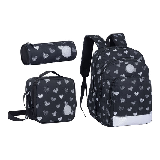 18INCH BACKPACK+LUNCH BAG+PENCIL CASE HEARTS BLACK TWINS || شنطة ظهر طبي 18 انش قلوب 3 قطع TWINS