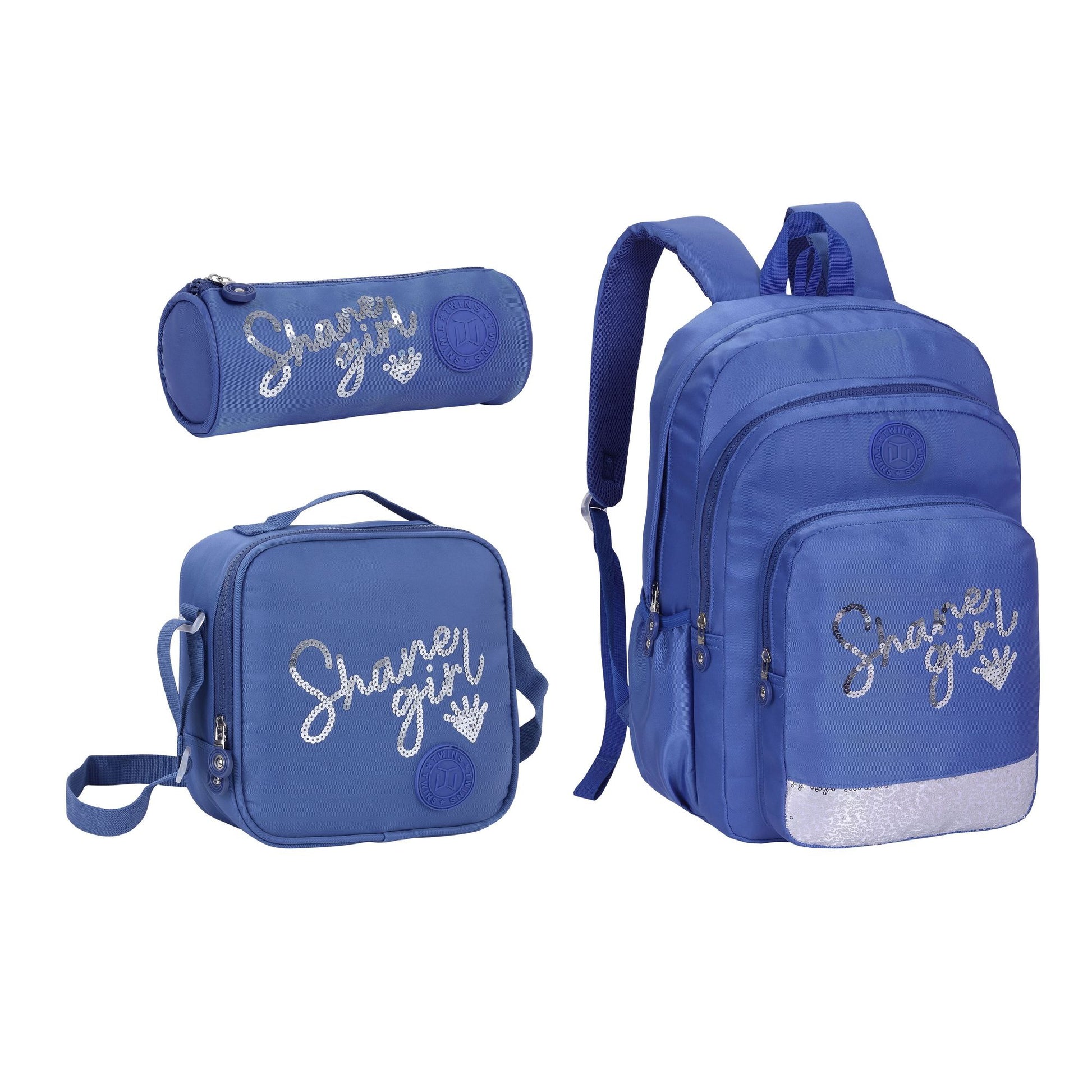 18INCH BACKPACK+LUNCH BAG+PENCIL CASE WRITTING DARK BLUE TWINS || شنطة ظهر طبي 18 انش عبارات 3 قطع TWINS