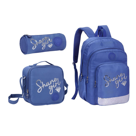 18INCH BACKPACK+LUNCH BAG+PENCIL CASE WRITTING DARK BLUE TWINS || شنطة ظهر طبي 18 انش عبارات 3 قطع TWINS