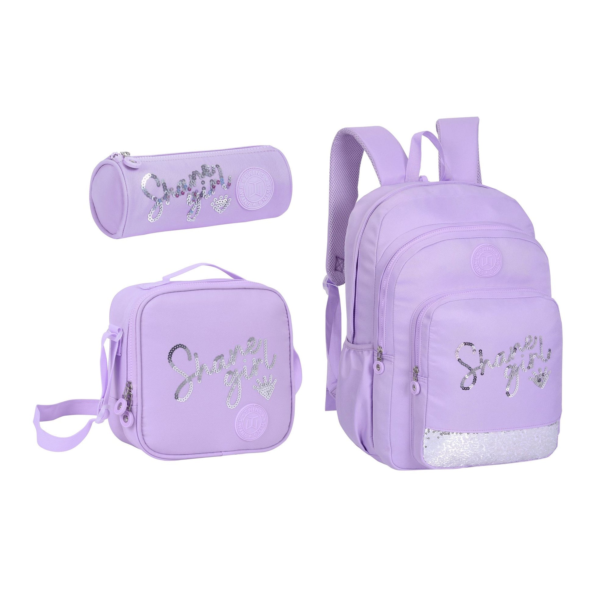18INCH BACKPACK+LUNCH BAG+PENCIL CASE WRITTING PINK TWINS || شنطة ظهر طبي 18 انش عبارات 3 قطع TWINS