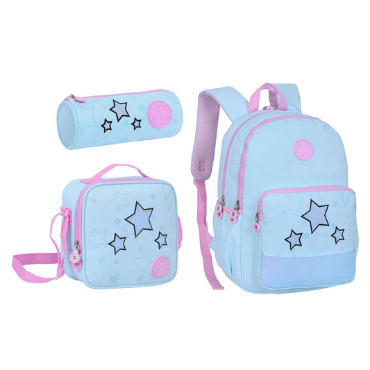 17INCH BACKPACK+LUNCH BAG+PENCIL CASE LIGHT BLUE TWINS || شنطة ظهر طبي 17 انش الوان فواتح 3 قطع TWINS