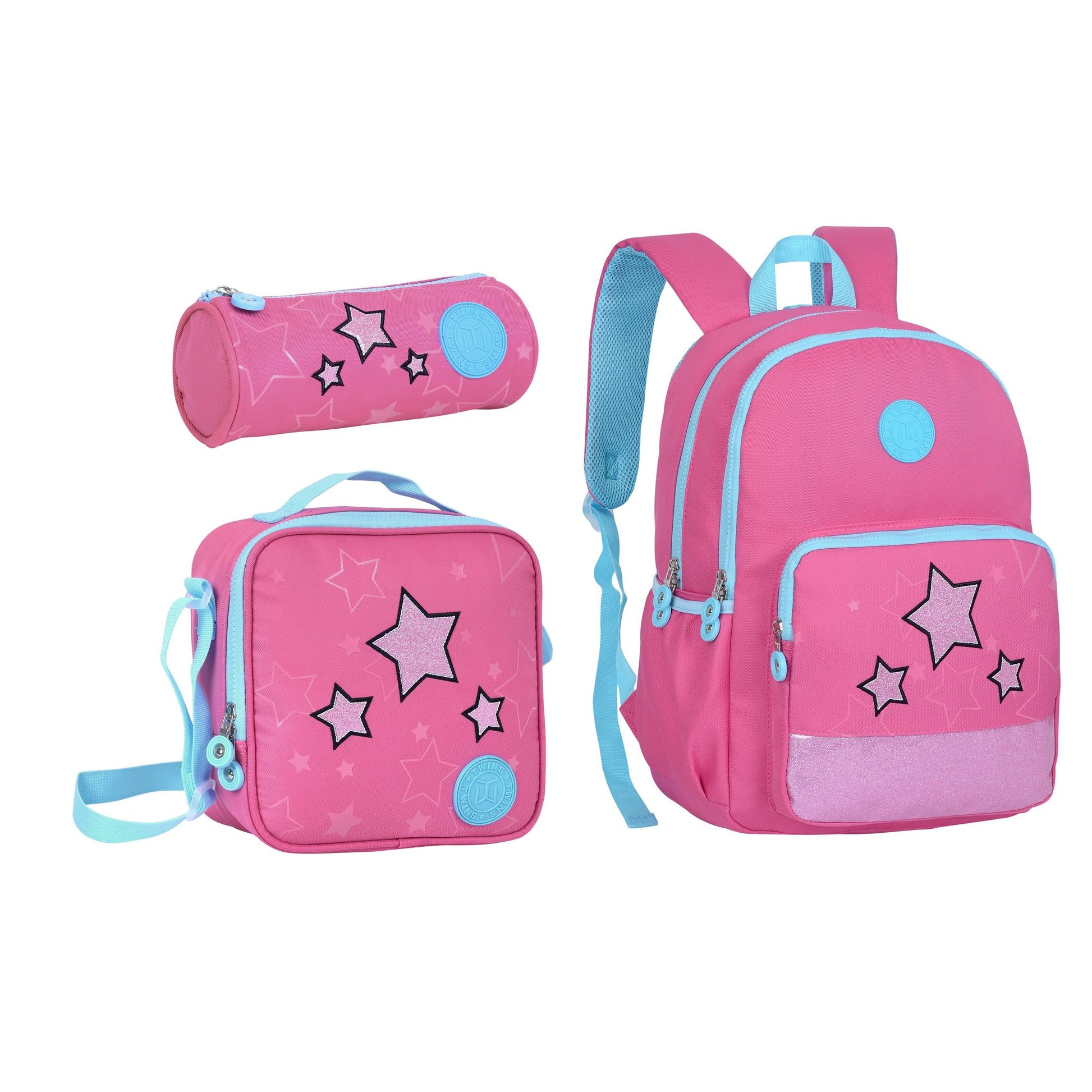 17INCH BACKPACK+LUNCH BAG+PENCIL CASE LIGHT RED TWINS || شنطة ظهر طبي 17 انش الوان فواتح 3 قطع TWINS