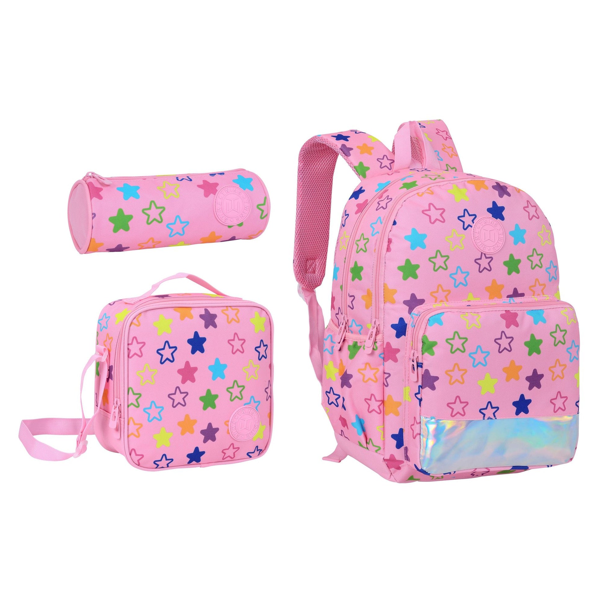 17INCH BACKPACK+LUNCH BAG+PENCIL CASE STARS PINK TWINS || شنطة ظهر طبي 17 انش نجوم 3 قطع TWINS