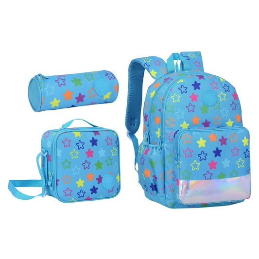 17INCH BACKPACK+LUNCH BAG+PENCIL CASE STARS LIGHT BLUE TWINS || شنطة ظهر طبي 17 انش نجوم 3 قطع TWINS