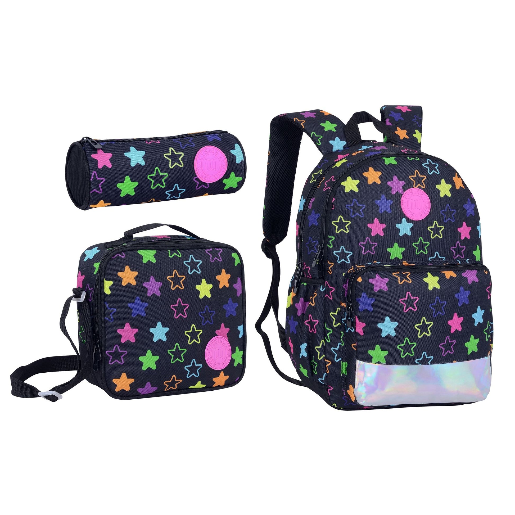 17INCH BACKPACK+LUNCH BAG+PENCIL CASE STARS BLACK TWINS || شنطة ظهر طبي 17 انش نجوم 3 قطع TWINS