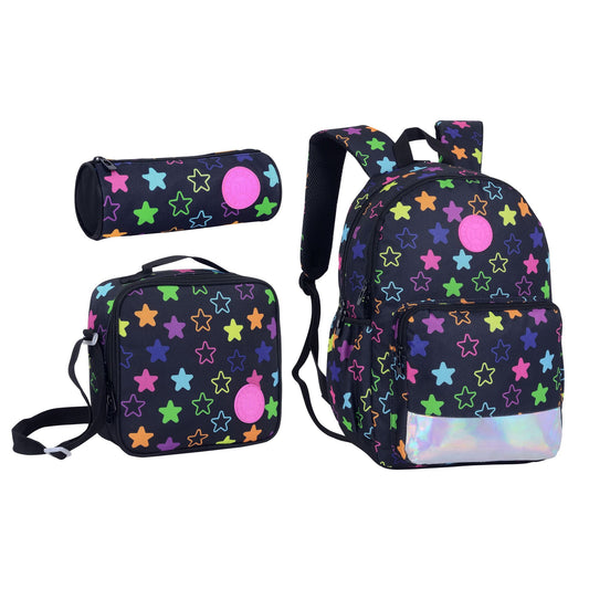17INCH BACKPACK+LUNCH BAG+PENCIL CASE STARS BLACK TWINS || شنطة ظهر طبي 17 انش نجوم 3 قطع TWINS