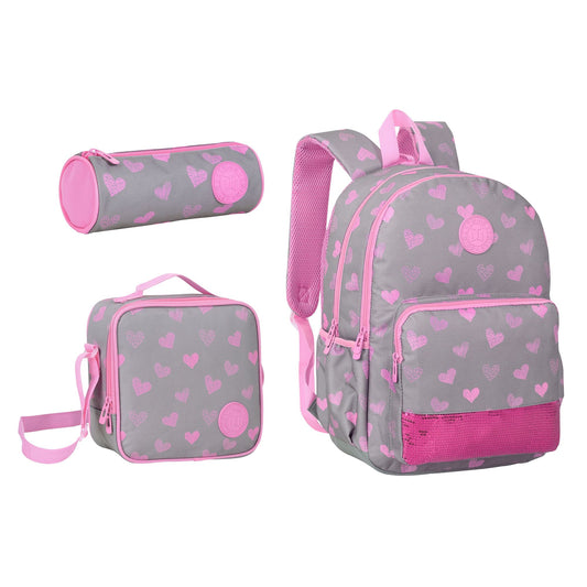 17INCH BACKPACK+LUNCH BAG+PENCIL CASE HEARTS GRAY TWINS || شنطة ظهر طبي 17 انش قلوب 3 قطع TWINS